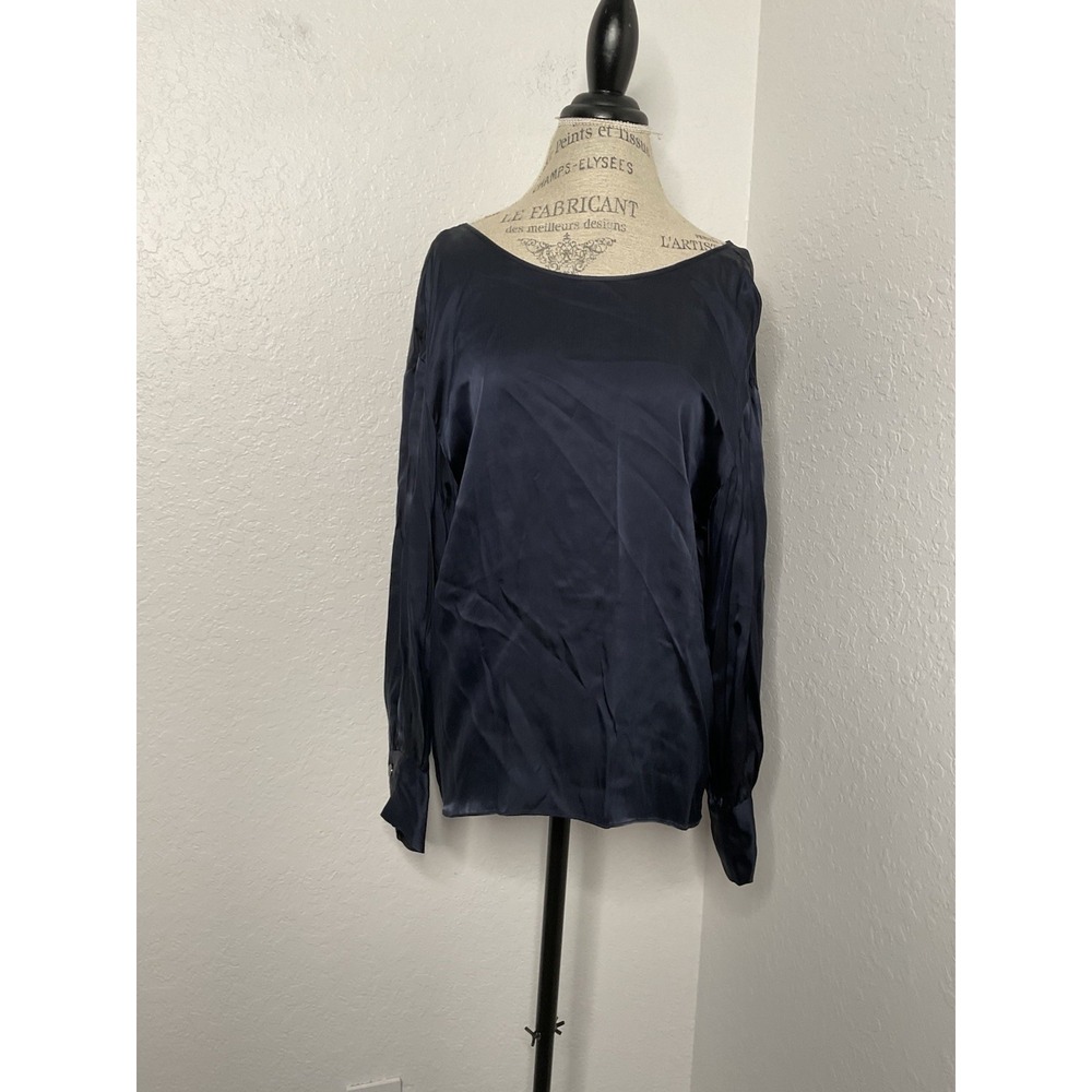 Club Monaco Women's  Blue Satin Blouse  Relaxed Silhouette Pleated Sleeve